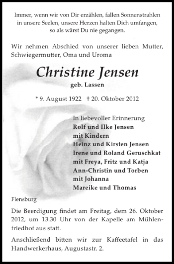 Traueranzeigen Von Christine Jensen Sh Z Trauer