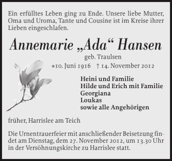 Traueranzeigen Von Annemarie Ada Hansen Sh Z Trauer