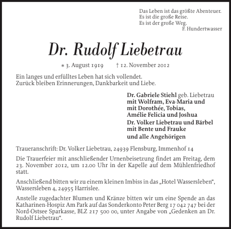 Traueranzeigen Von Dr Rudolf Liebetrau Sh Z Trauer