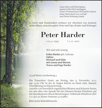 Traueranzeigen Von Peter Harder Sh Z Trauer