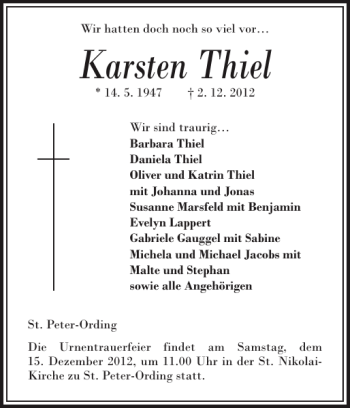 Traueranzeigen Von Karsten Thiel Sh Z Trauer