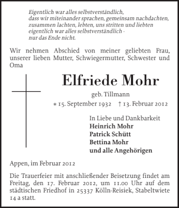 Traueranzeigen Von Elfriede Mohr Sh Z Trauer