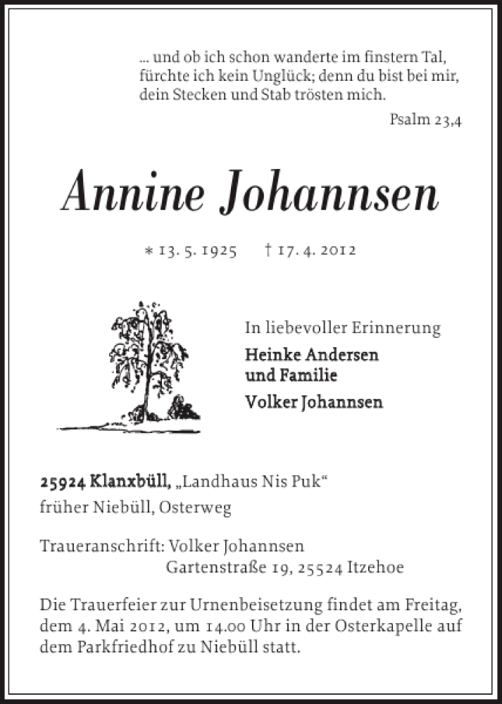 Traueranzeigen Von Annine Johannsen Sh Z Trauer