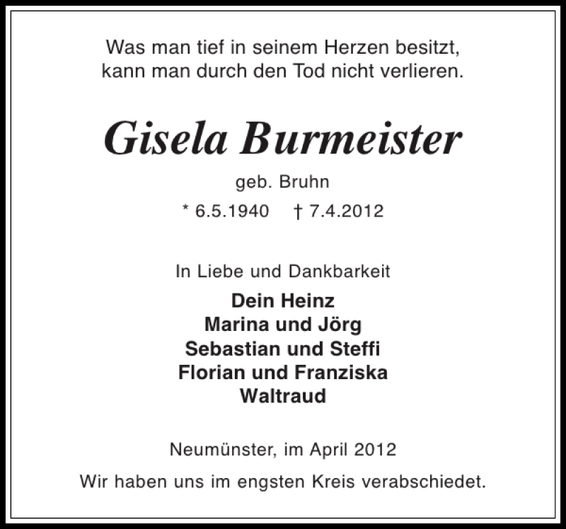 Traueranzeigen Von Gisela Burmeister Sh Z Trauer