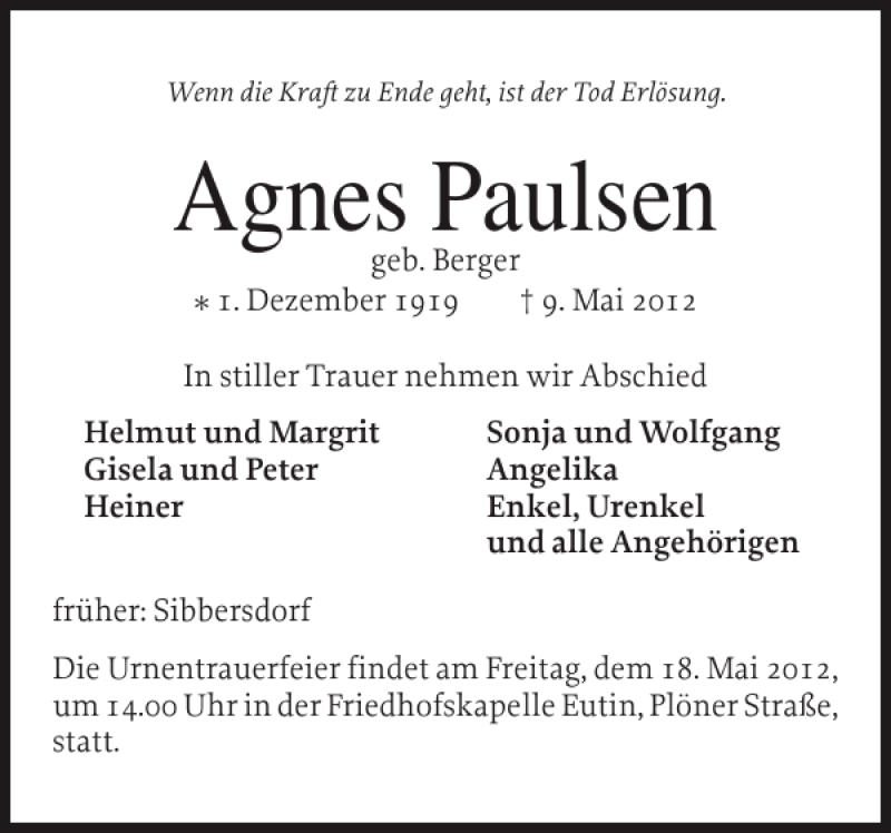 Traueranzeigen Von Agnes Paulsen Sh Z Trauer