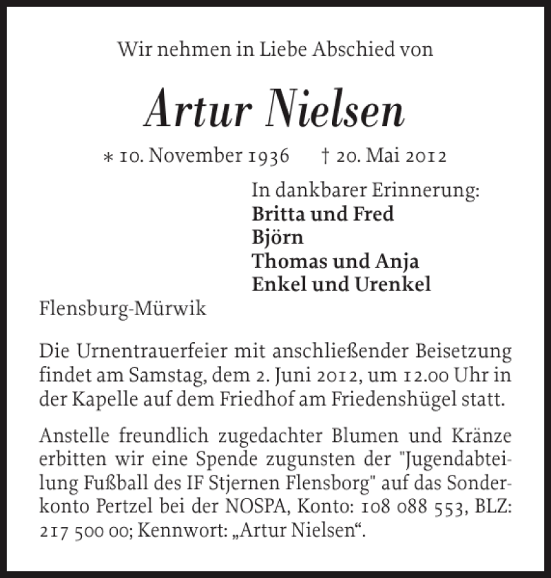 Traueranzeigen Von Artur Nielsen Sh Z Trauer