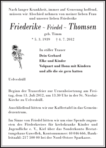 Traueranzeigen Von Friederike Thomsen Sh Z Trauer