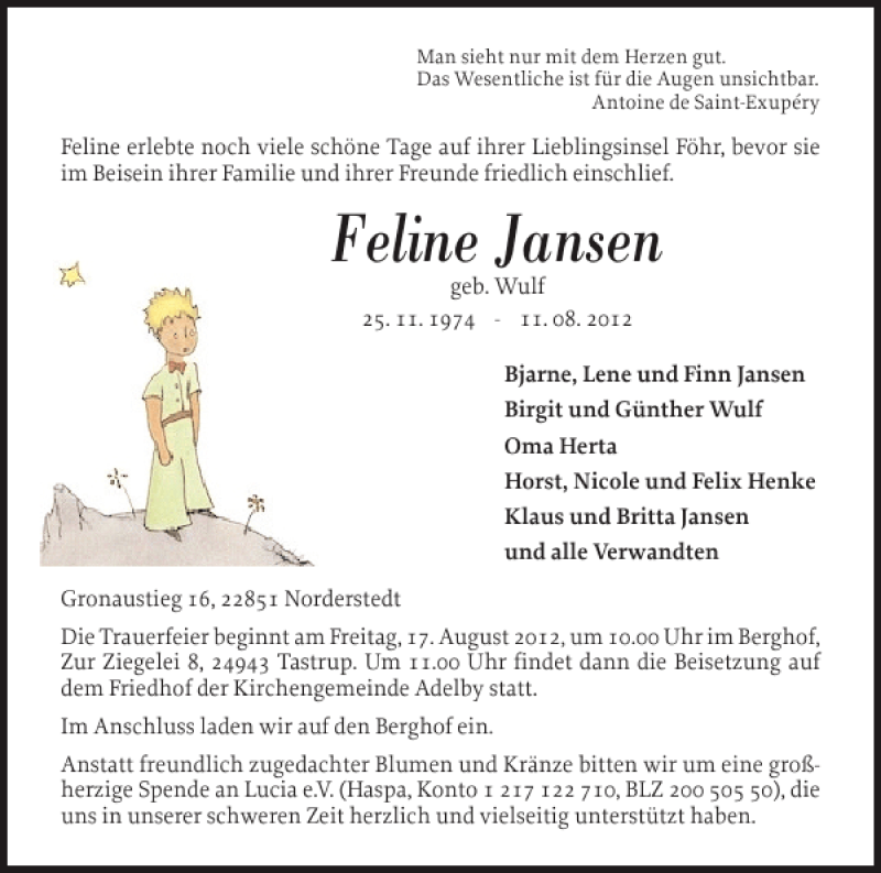 Traueranzeigen Von Feline Jansen Sh Z Trauer