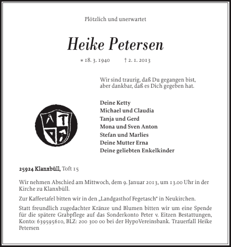 Traueranzeigen Von Heike Petersen Sh Z Trauer