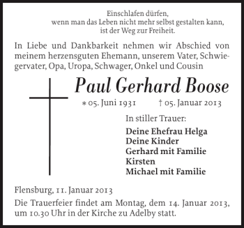 Traueranzeigen Von Paul Gerhard Boose Sh Z Trauer