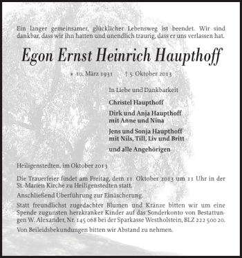 Traueranzeigen Von Egon Ernst Heinrich Haupthoff Sh Z Trauer