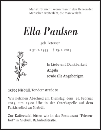 Traueranzeigen Von Ella Paulsen Sh Z Trauer