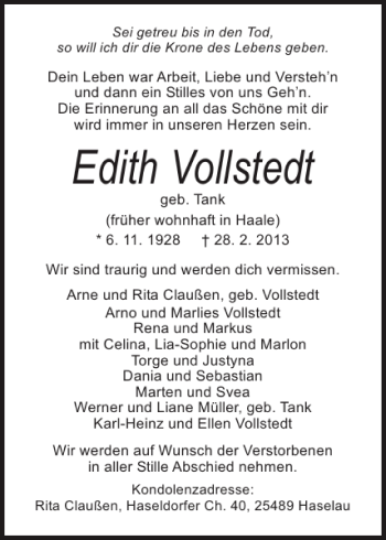 Traueranzeigen Von Edith Vollstedt Sh Z Trauer