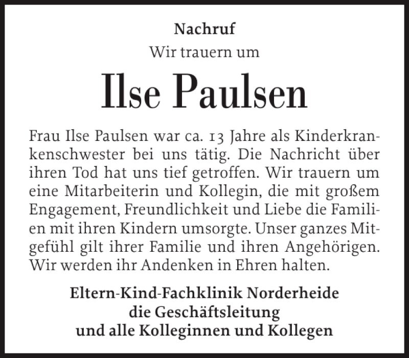 Traueranzeigen Von Ilse Paulsen Sh Z Trauer