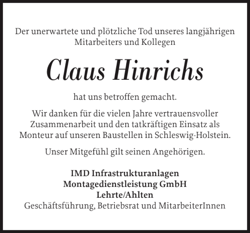 Traueranzeigen Von Claus Hinrichs Sh Z Trauer