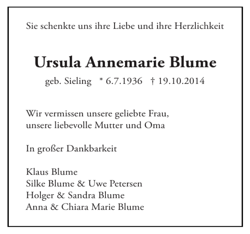 Traueranzeigen Von Ursula Annemarie Blume Sh Z Trauer