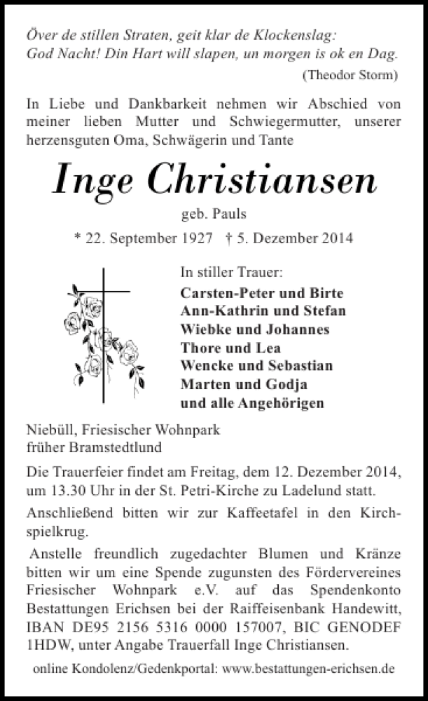 Traueranzeigen Von Inge Christiansen Sh Z Trauer