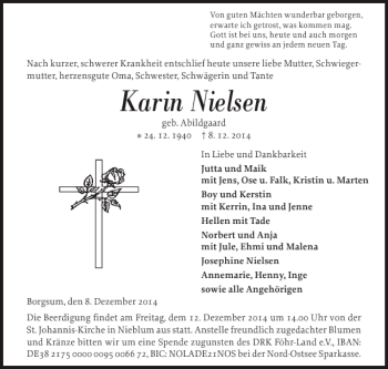 Traueranzeigen Von Karin Nielsen Sh Z Trauer