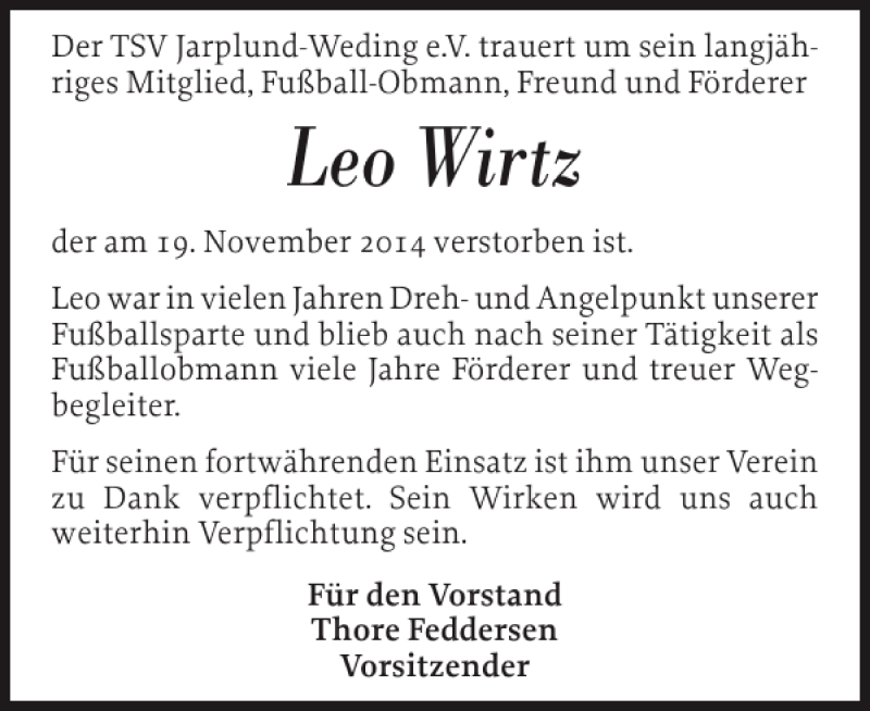 Traueranzeigen Von Leo Wirtz Sh Z Trauer