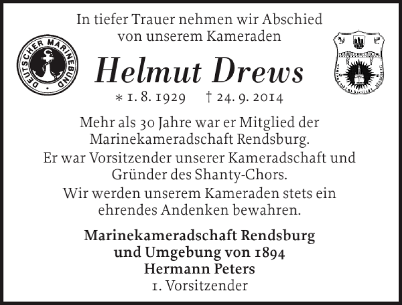 Traueranzeigen Von Helmut Drews Sh Z Trauer