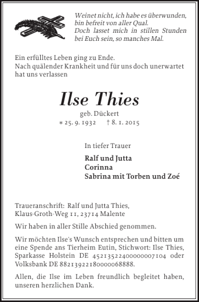 Traueranzeigen Von Ilse Thies Sh Z Trauer