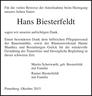 Traueranzeigen Von Hans Biesterfeldt Sh Z Trauer