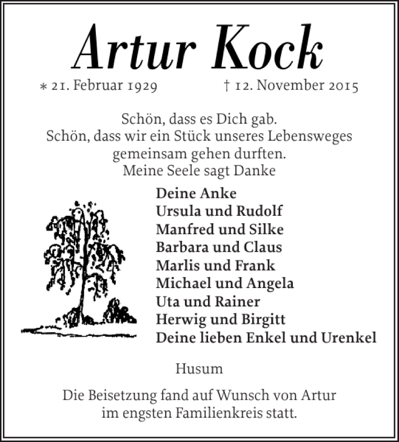 Traueranzeigen Von Artur Kock Sh Z Trauer