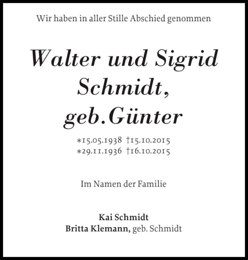 Traueranzeigen Von Walter Und Sigrid Schmidt Geb G Nter Sh Z Trauer