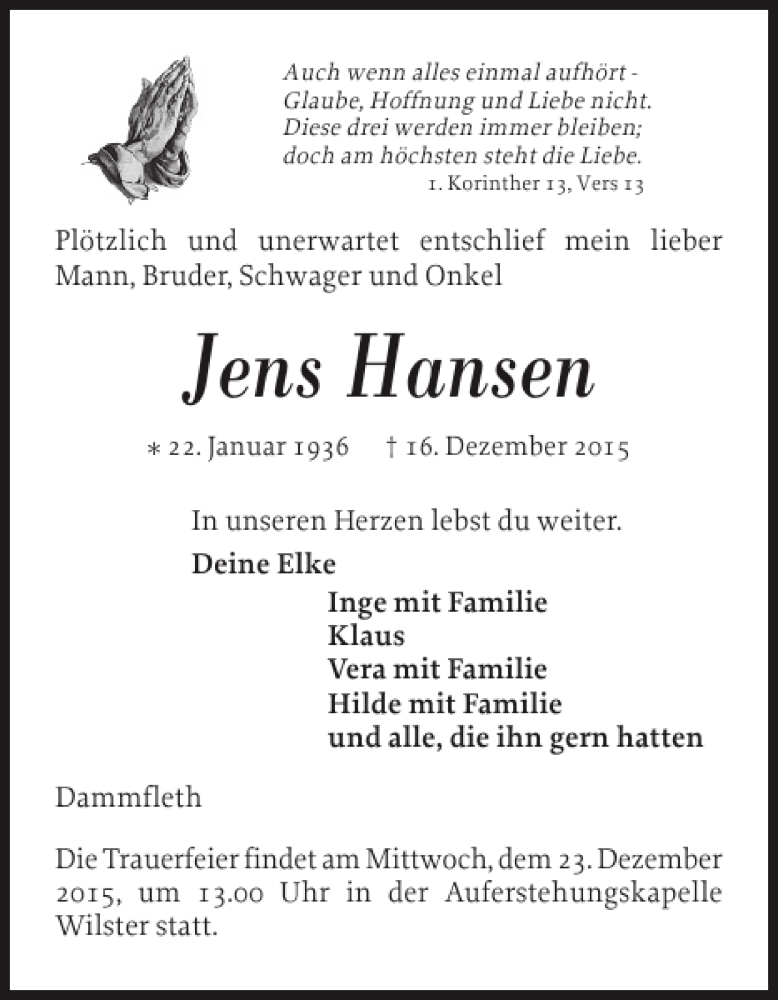 Traueranzeigen Von Jens Hansen Sh Z Trauer