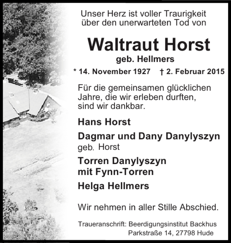 Traueranzeigen Von Waltraut Horst Sh Z Trauer