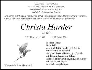 Traueranzeigen Von Christa Harder Sh Z Trauer