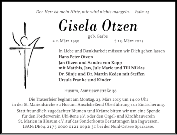 Traueranzeigen Von Gisela Otzen Sh Z Trauer