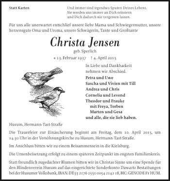 Traueranzeigen Von Christa Jensen Sh Z Trauer