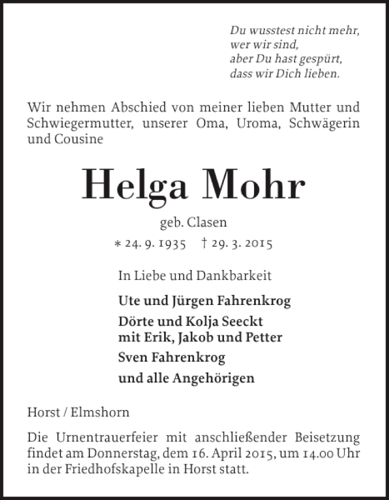 Traueranzeigen Von Helga Mohr Sh Z Trauer