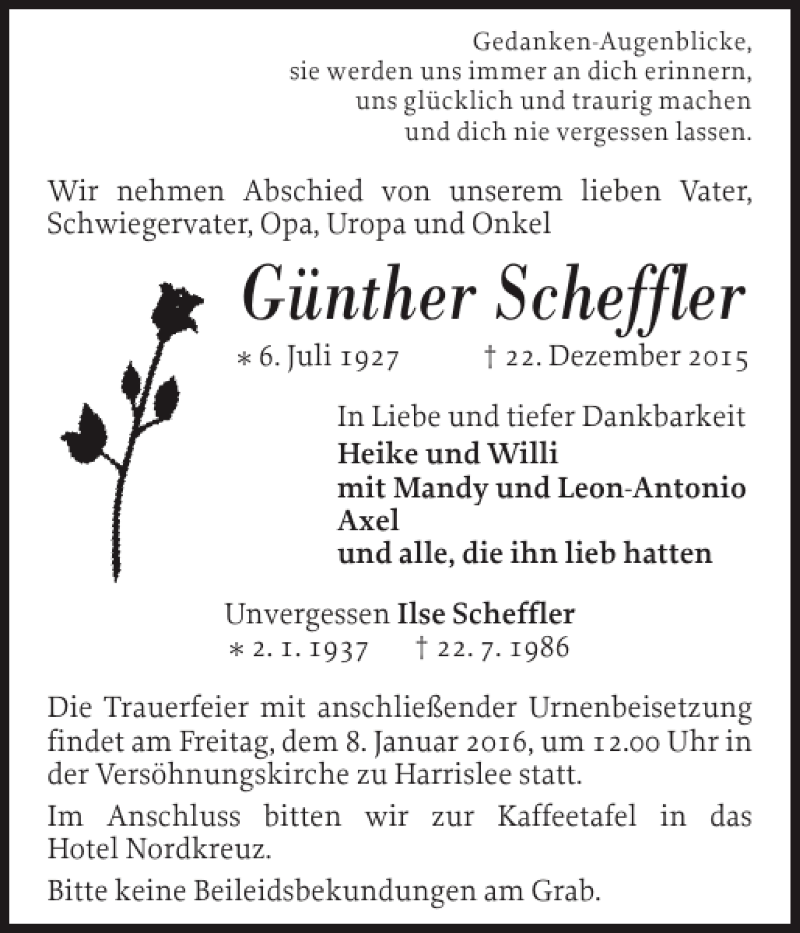 Traueranzeigen von Günther Scheffler sh z Trauer