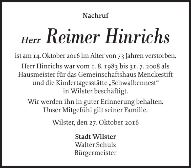 Traueranzeigen Von Reimer Hinrichs Sh Z Trauer