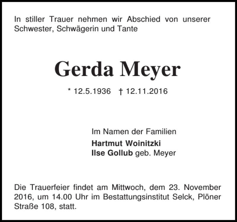 Traueranzeigen Von Gerda Meyer Sh Z Trauer