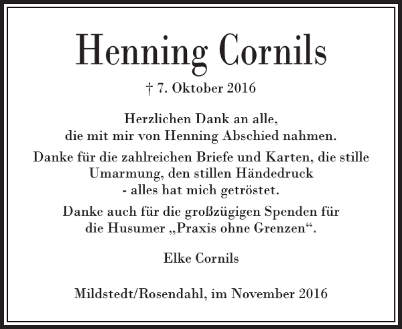 Traueranzeigen Von Henning Cornils Sh Z Trauer