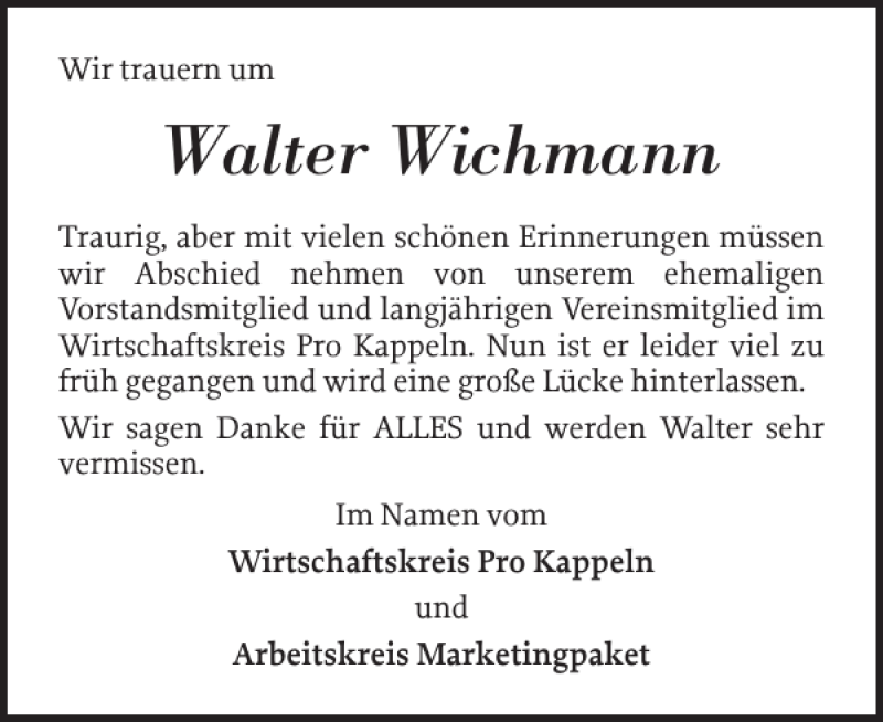 Traueranzeigen Von Walter Wichmann Sh Z Trauer