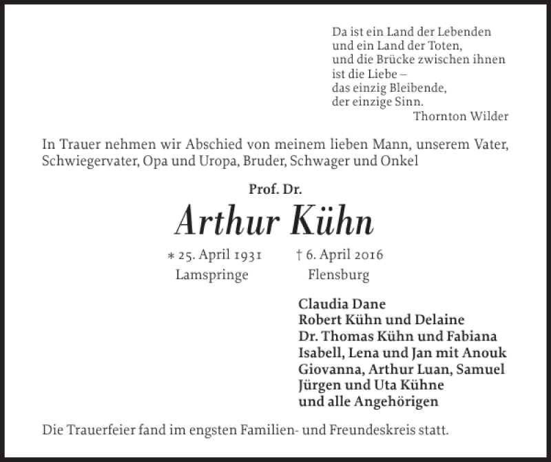 Traueranzeigen Von Arthur K Hn Sh Z Trauer