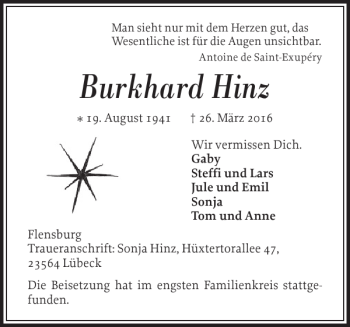 Traueranzeigen Von Burkhard Hinz Sh Z Trauer