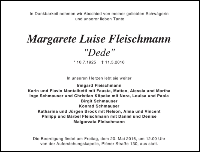 Traueranzeigen Von Margarete Luise Fleischmann Sh Z Trauer