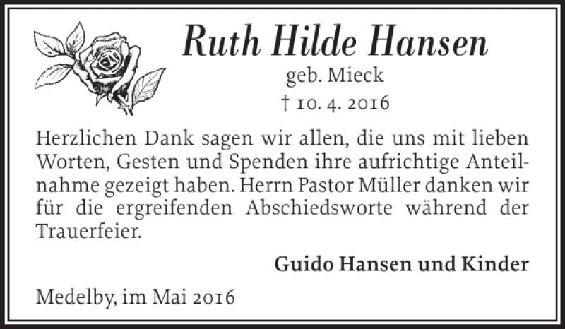 Traueranzeigen Von Ruth Hilde Hansen Sh Z Trauer