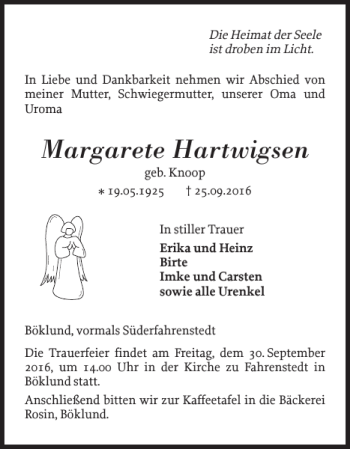 Traueranzeigen Von Margarete Hartwigsen Sh Z Trauer