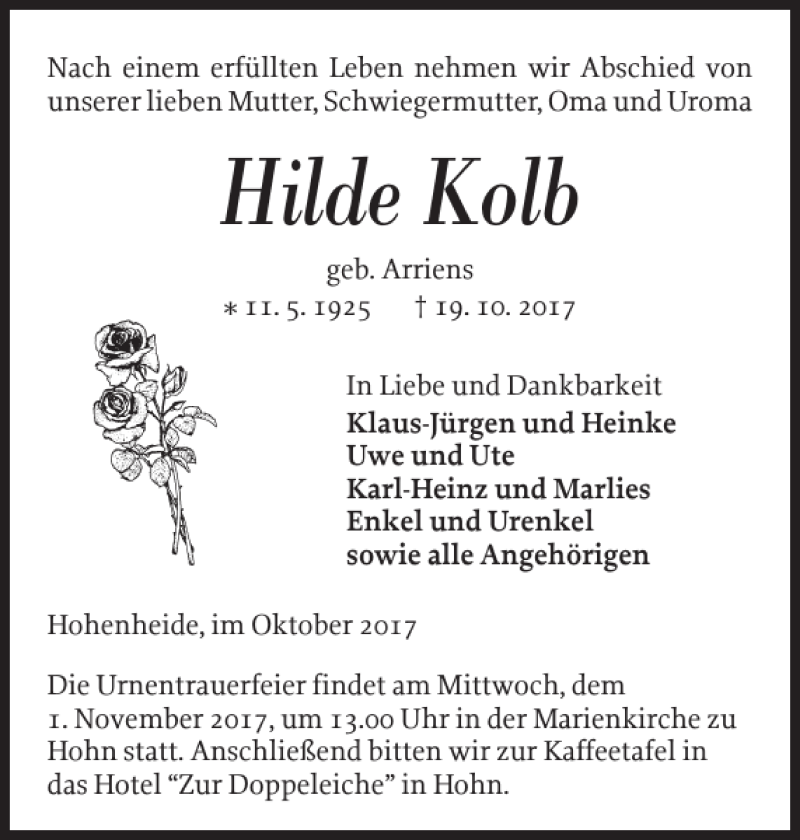 Traueranzeigen Von Hilde Kolb Sh Z Trauer