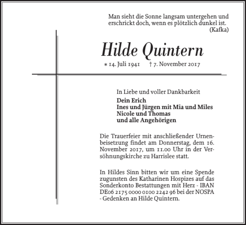 Traueranzeigen Von Hilde Quintern Sh Z Trauer