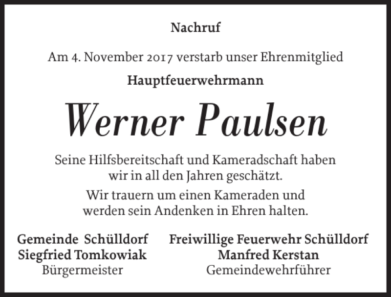 Traueranzeigen Von Werner Paulsen Sh Z Trauer