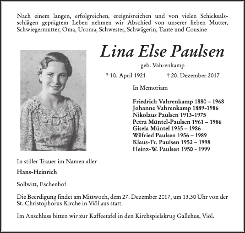 Traueranzeigen Von Lina Else Paulsen Sh Z Trauer