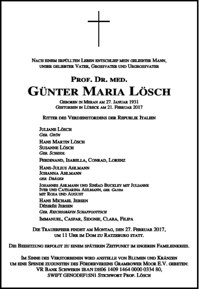 Traueranzeigen von Günter maria Lösch sh z Trauer