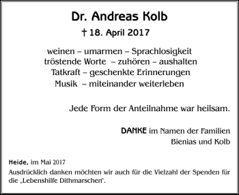 Traueranzeigen Von Dr Andreas Kolb Sh Z Trauer